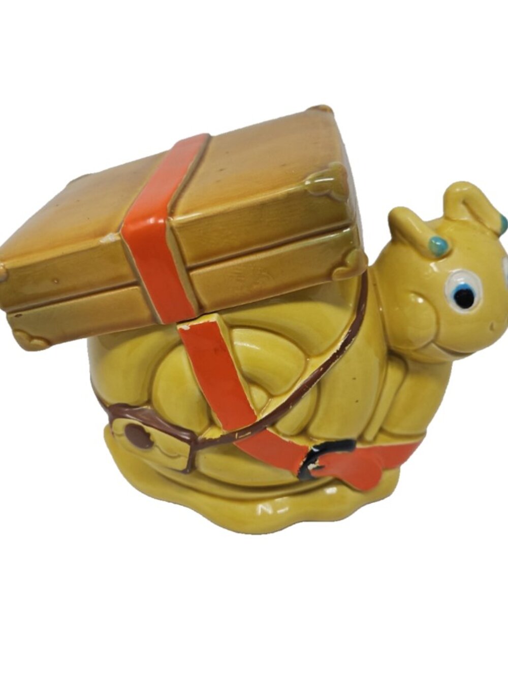 Vintage 1970 Cookie Jar Smiling Snail Suitcase Luggage Japan Harvest Gold Orange - Picture 4 of 9